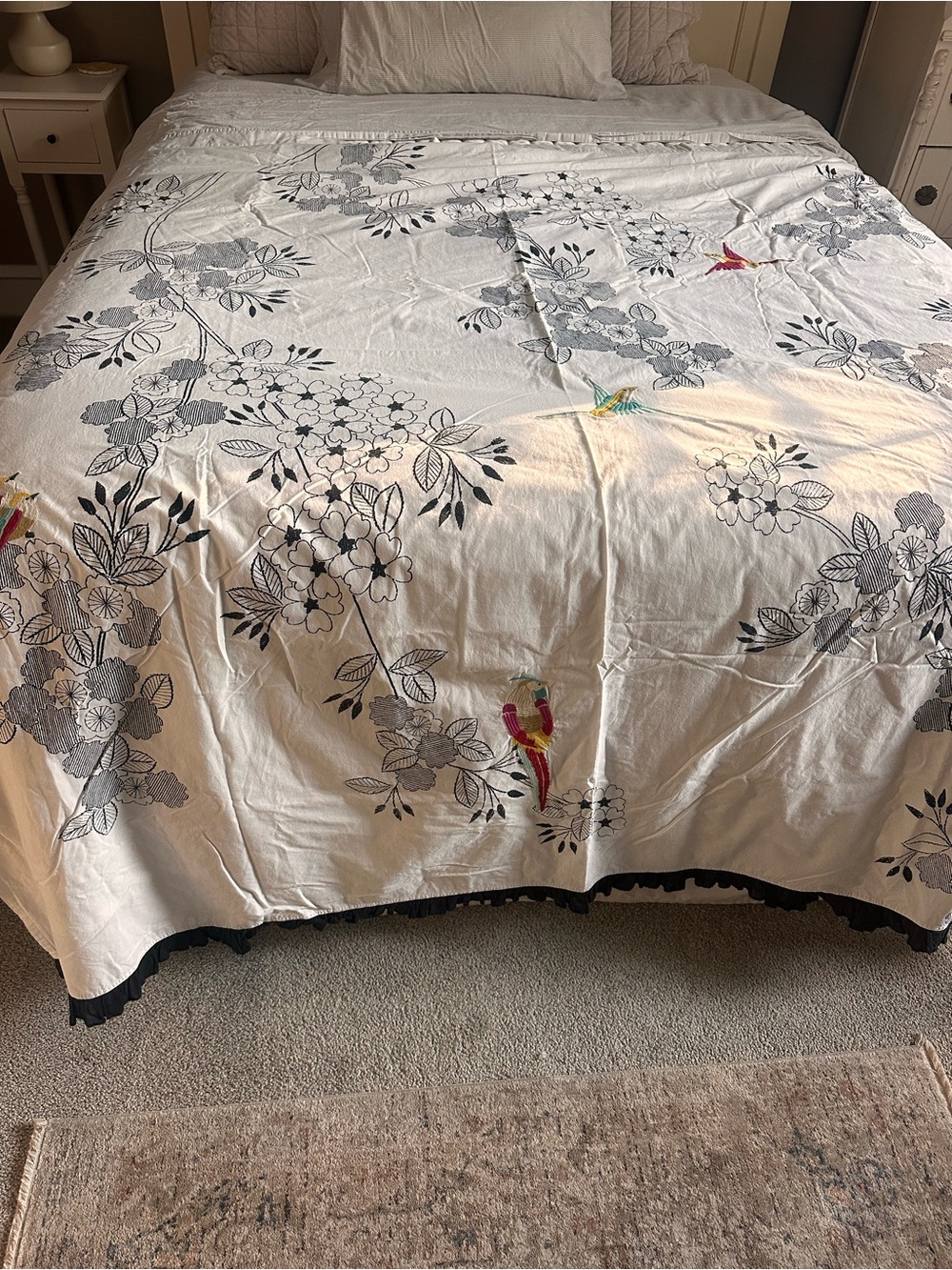 Anthropologie White Shower Curtain with Gray Floral and Multicolor Bird Accents